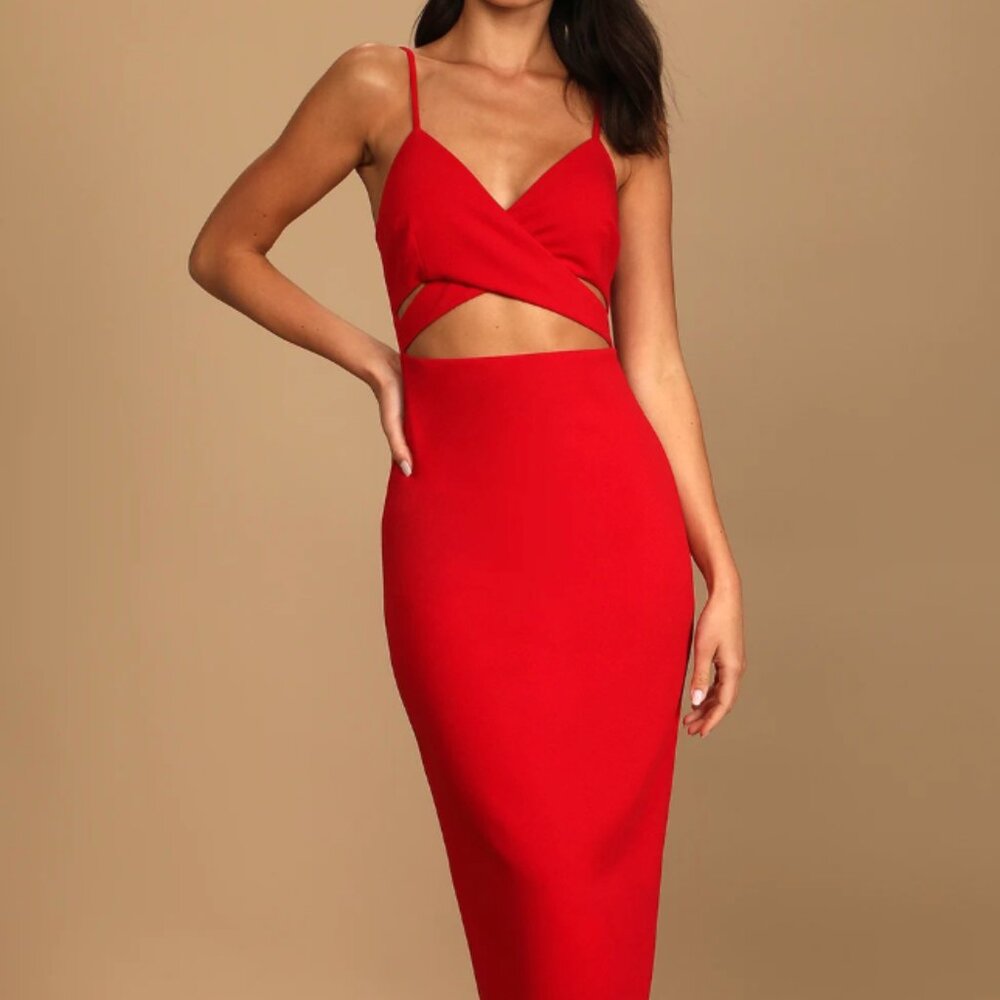 Cross Your Heart Red Surplice Cutout Bodycon Midi Dress